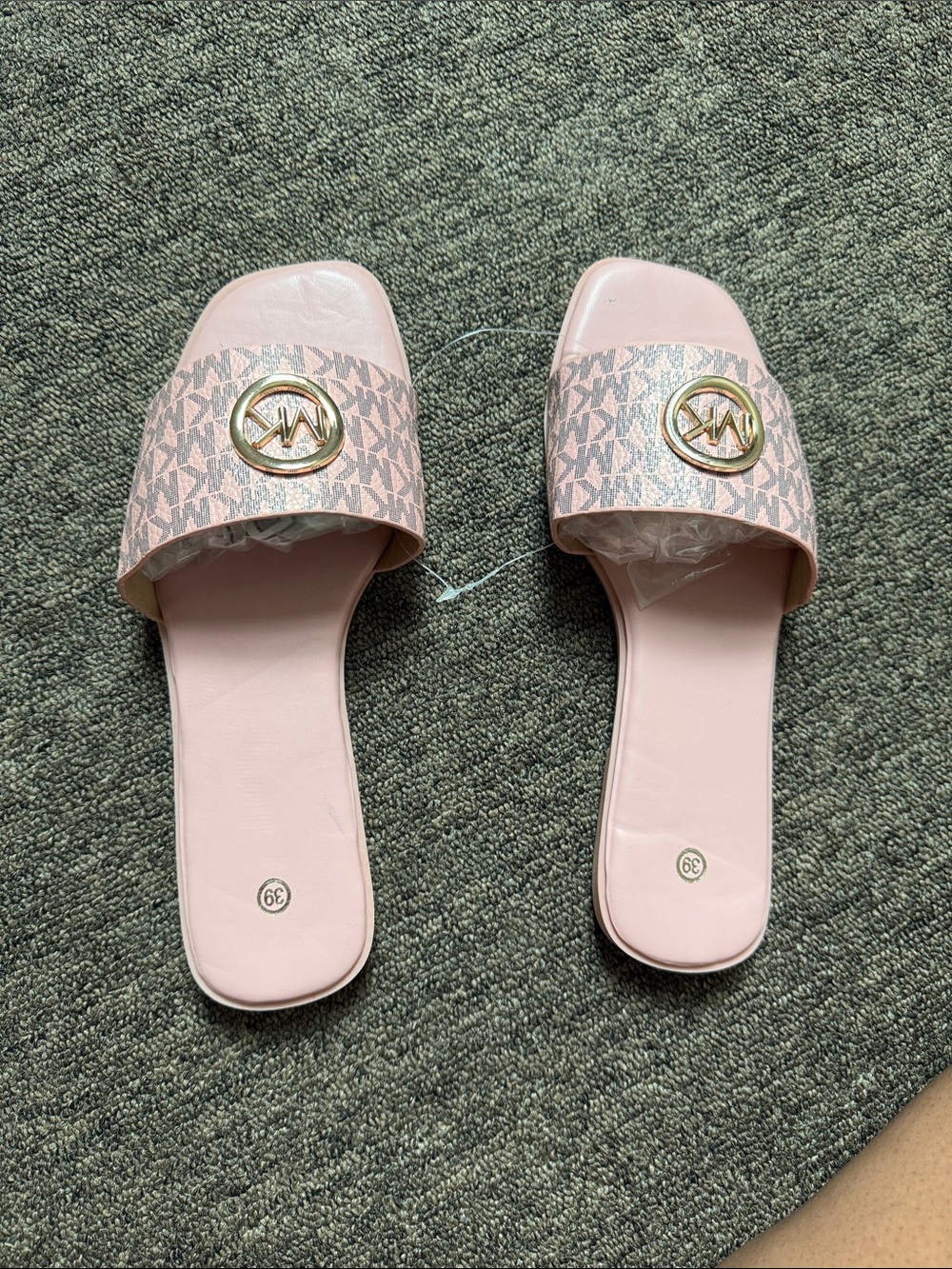 Michael Kors Light Pink Logo Slide Sandals with Gold Emblem